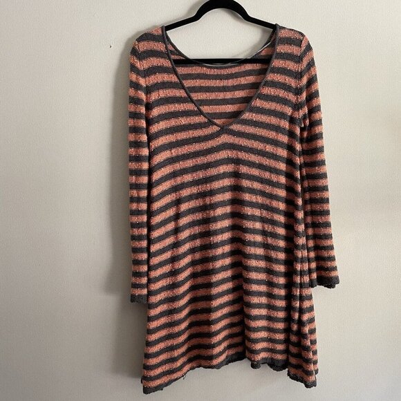 Free People XS Peach Gray Oversized Counting Stripes Swing Tunic Sweater Dress - Picture 7 of 11